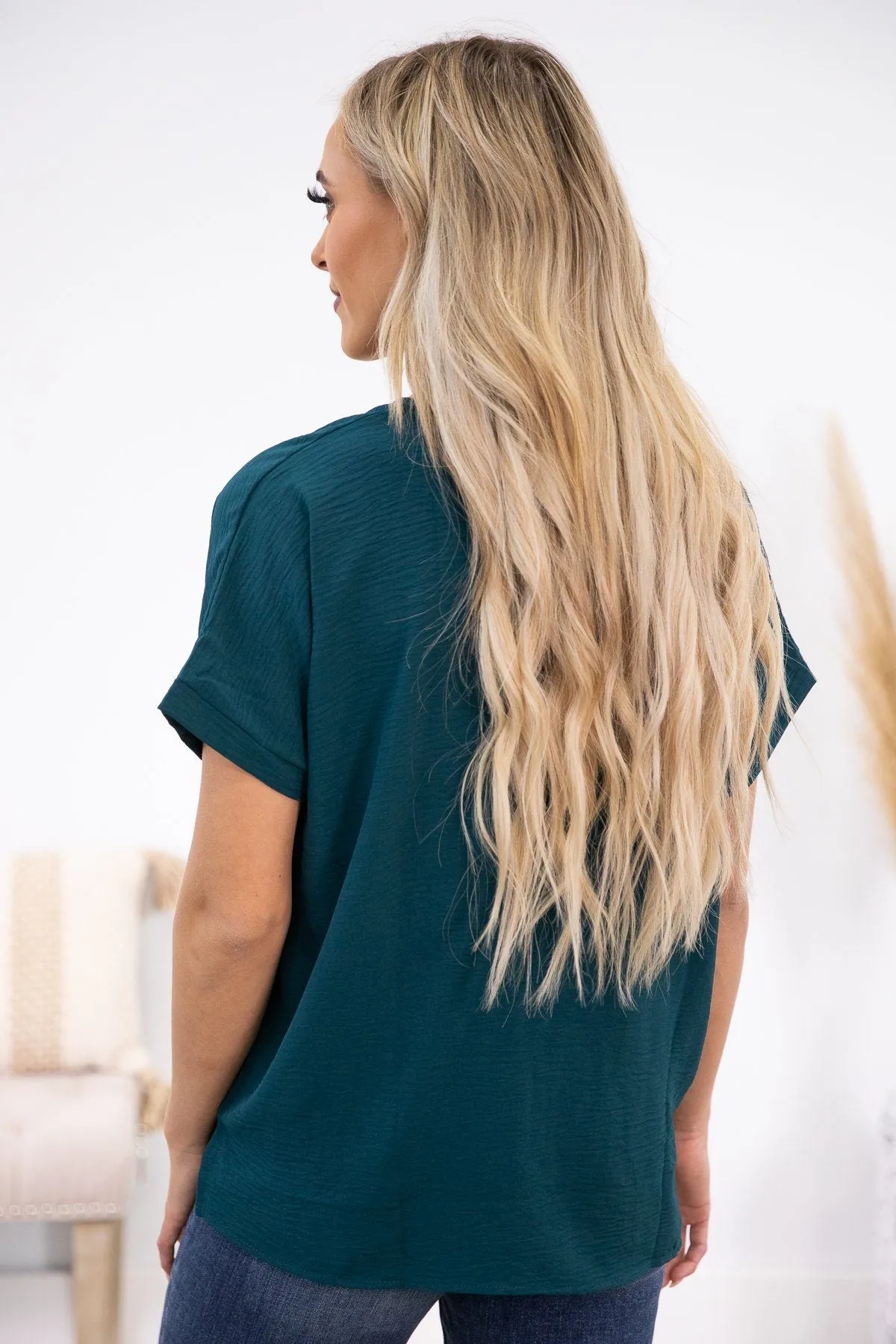 Teal V-Neck Short Sleeve Blouse