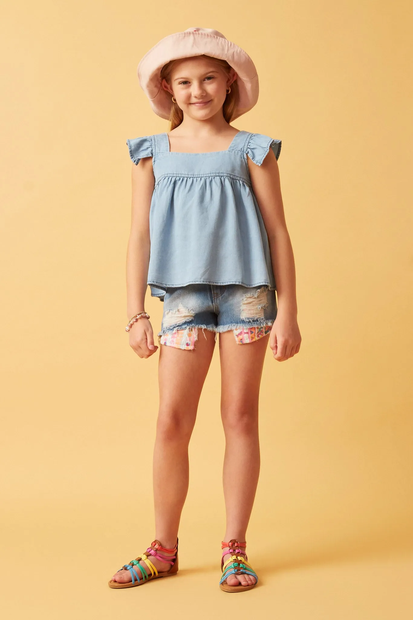 Tencel Square Neck Ruffle Cap Sleeve Top