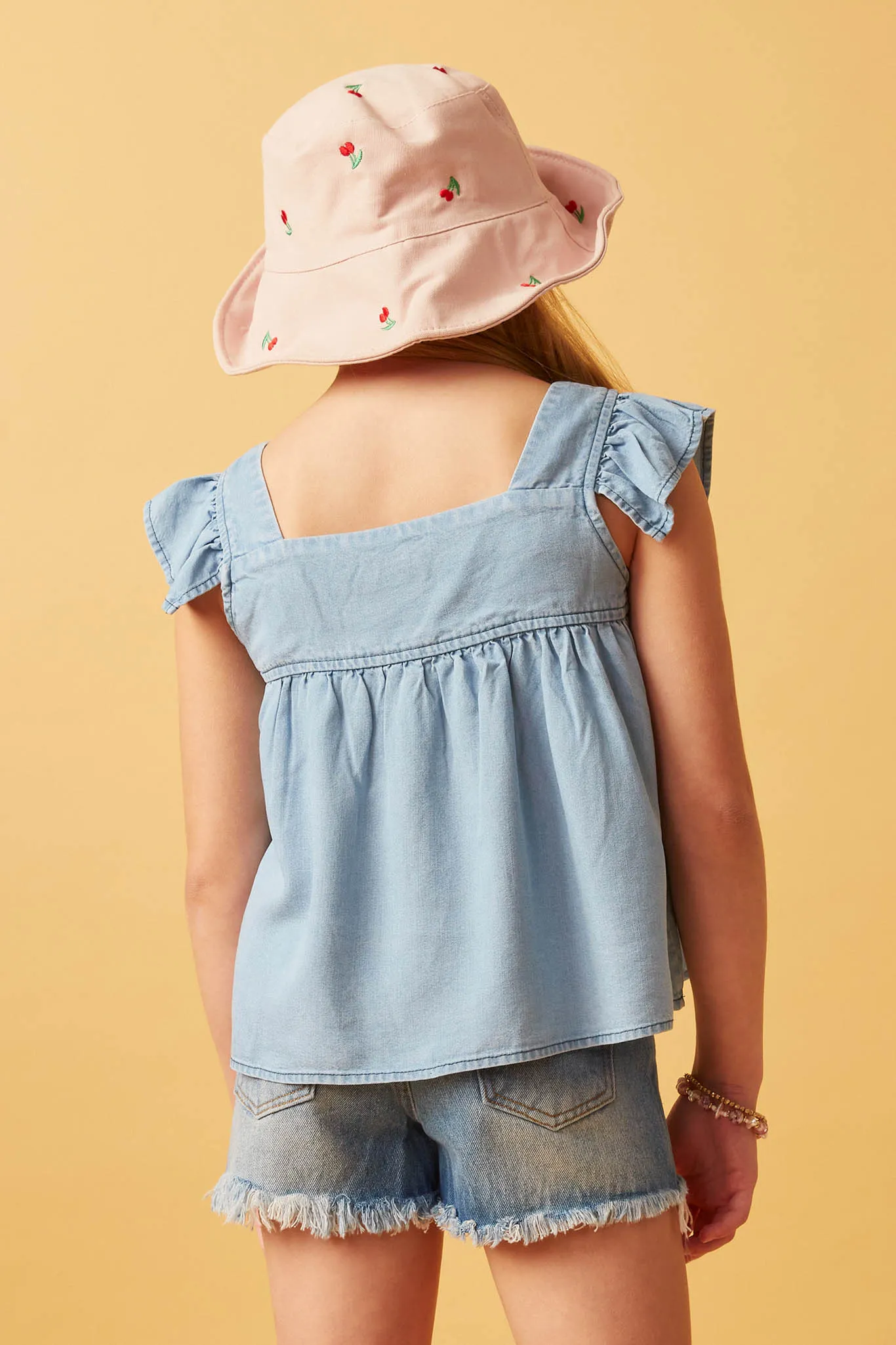 Tencel Square Neck Ruffle Cap Sleeve Top