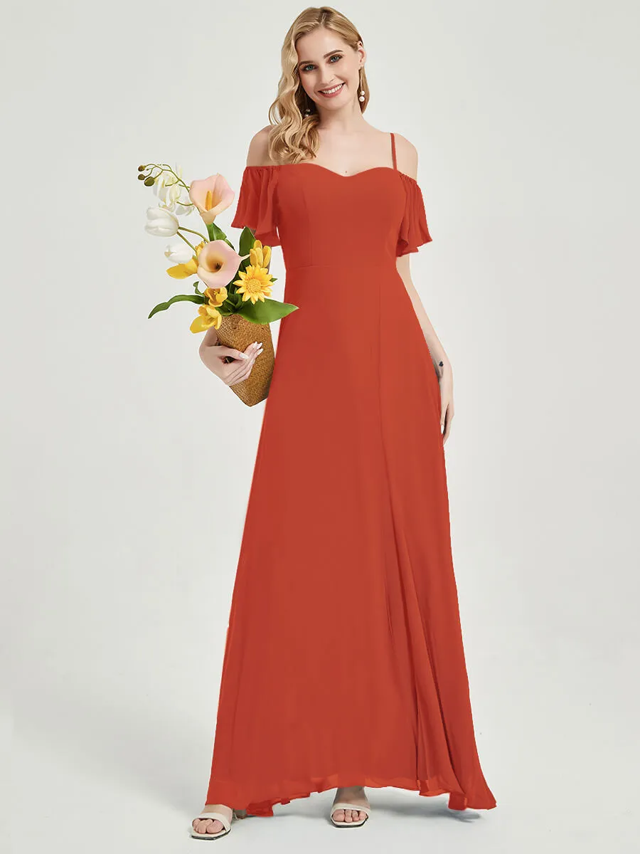 Terracotta Split Bridesmaid Dress Ruffle Sleeves Bridal Party Dress