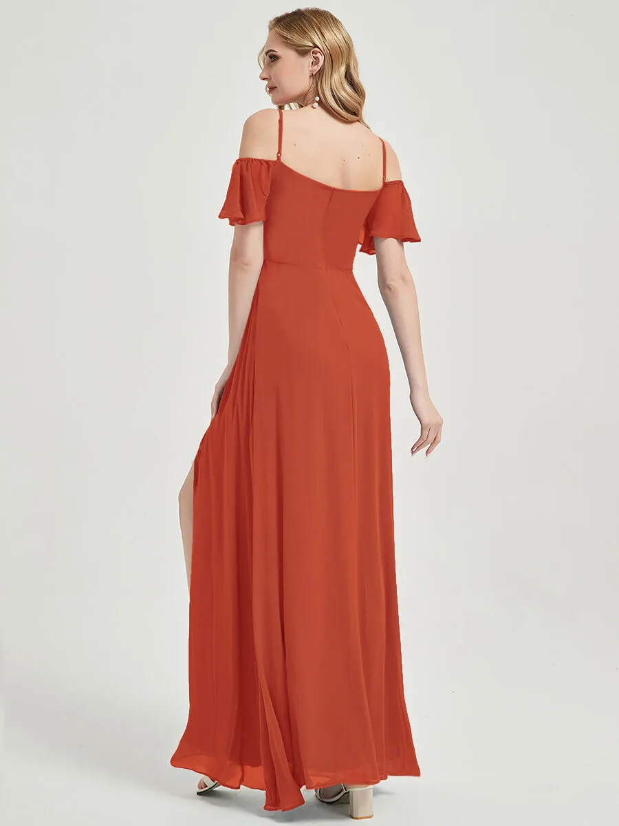 Terracotta Split Bridesmaid Dress Ruffle Sleeves Bridal Party Dress