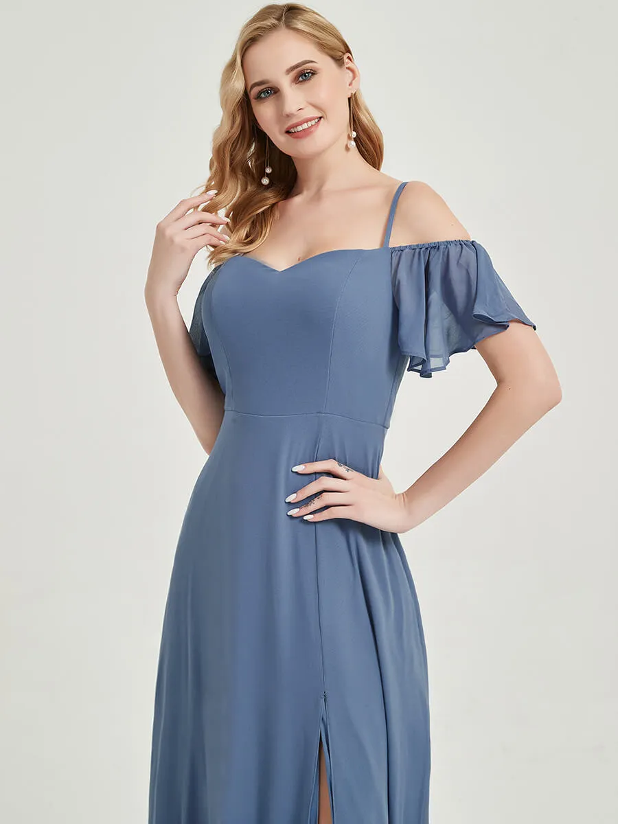 Terracotta Split Bridesmaid Dress Ruffle Sleeves Bridal Party Dress