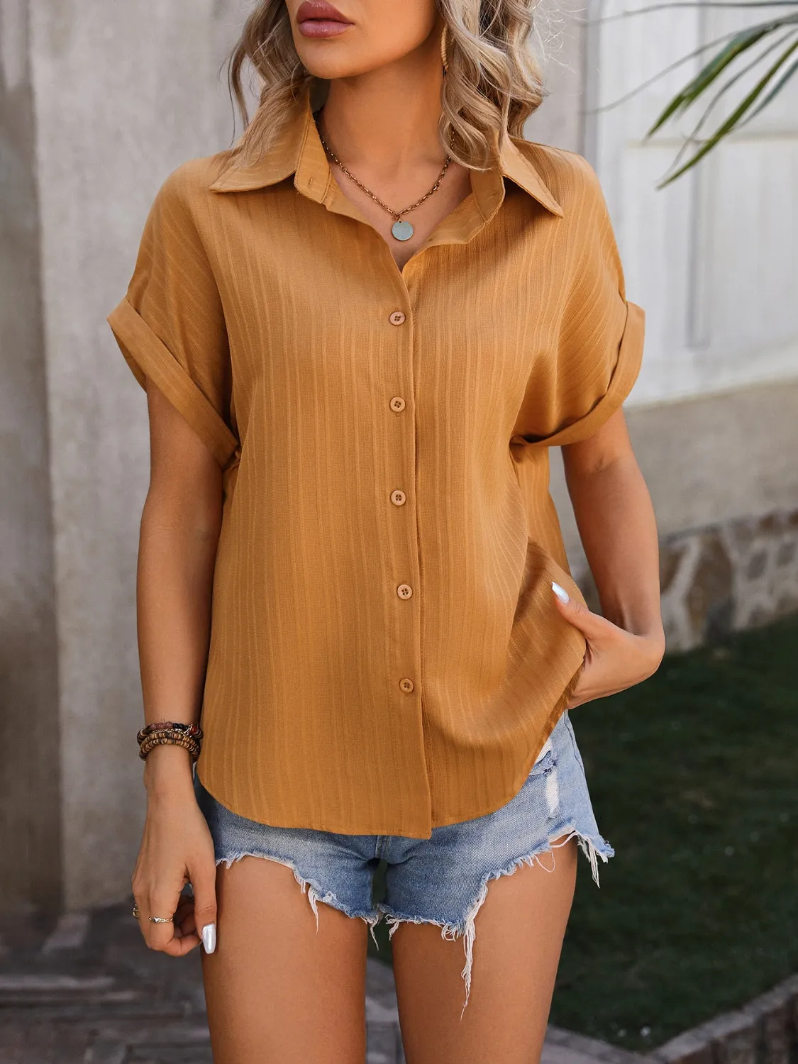 Textured Button Up Cap Sleeve Shirt (6 Colors)
