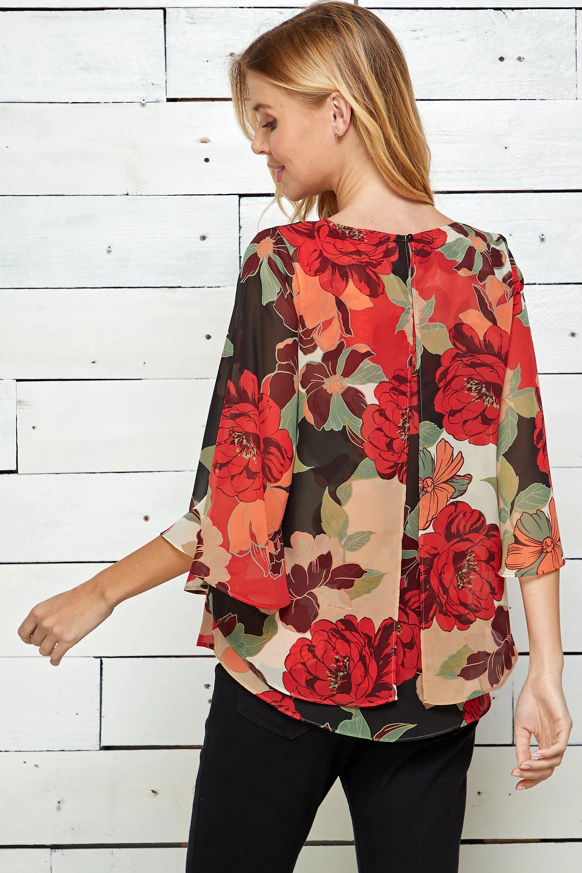 Three Quarter Sleeve V-Neck Double Layer Top