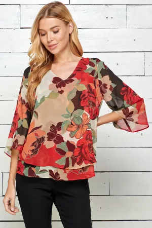 Three Quarter Sleeve V-Neck Double Layer Top