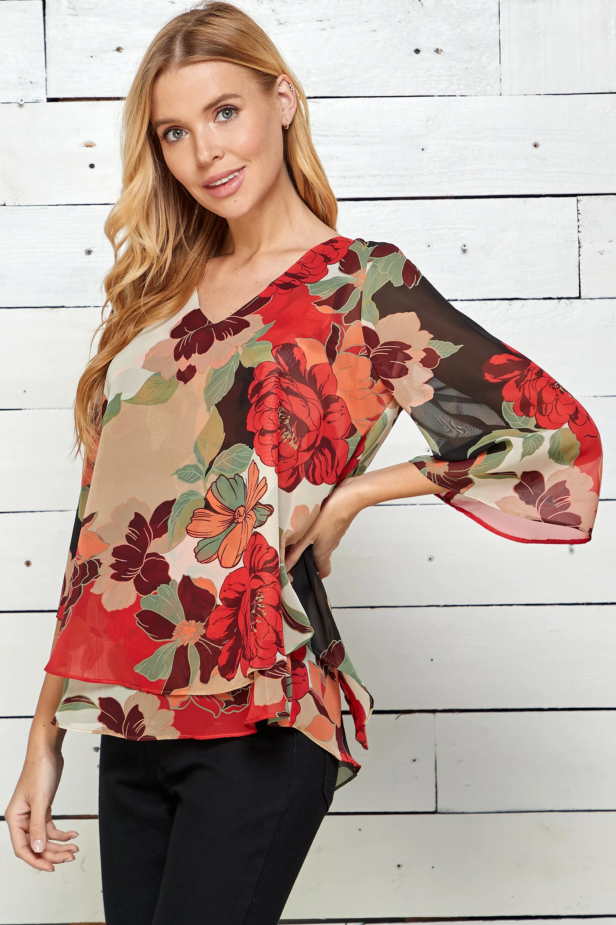 Three Quarter Sleeve V-Neck Double Layer Top