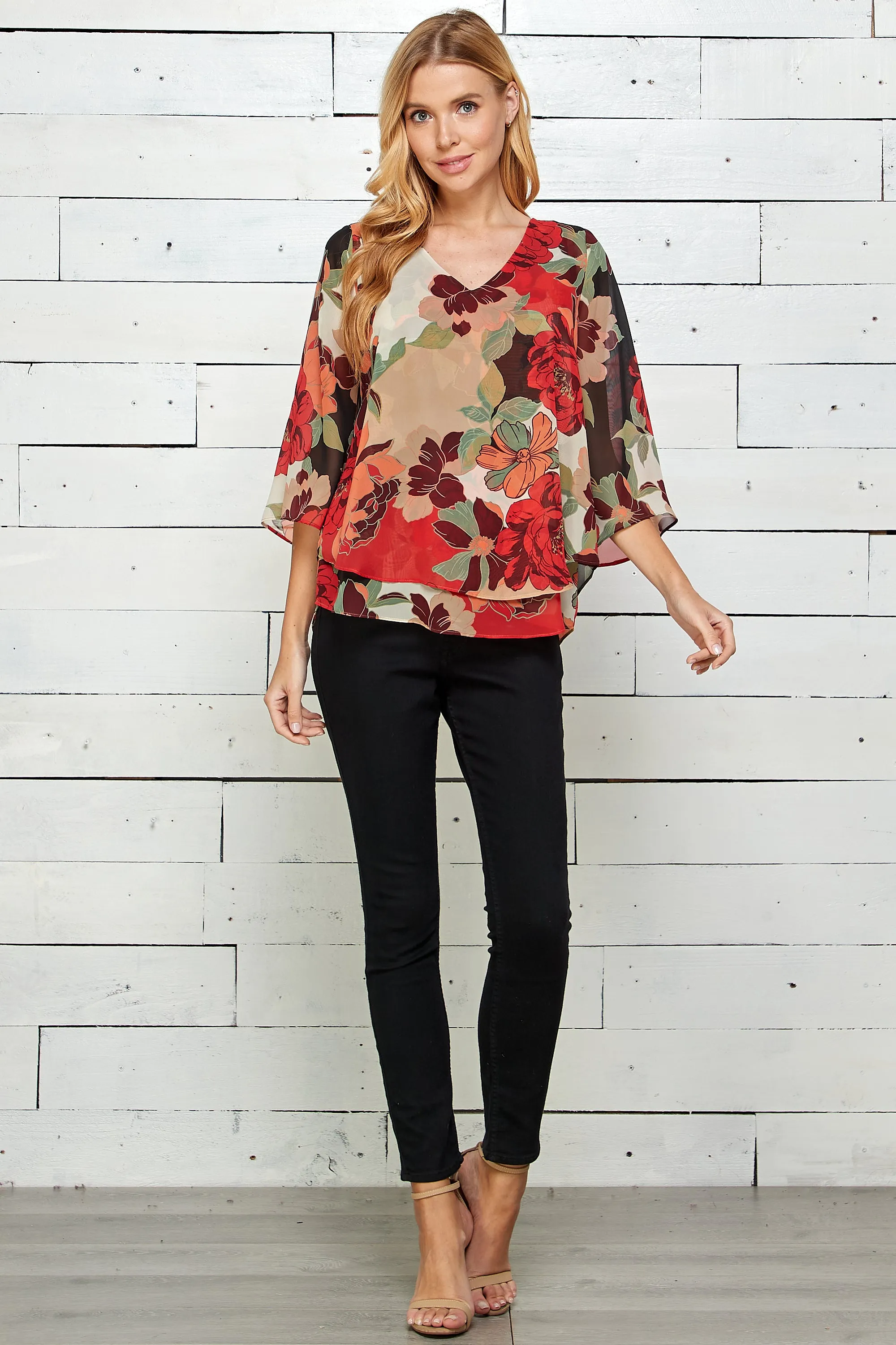 Three Quarter Sleeve V-Neck Double Layer Top