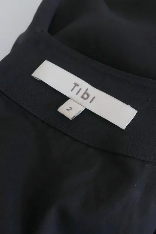 Tibi Corset V-Neck Top Black Crepe Size 2 Zip-Back Balloon Sleeve Blouse