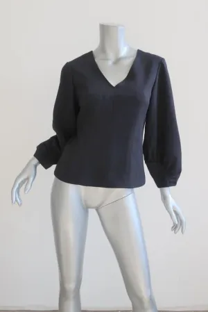 Tibi Corset V-Neck Top Black Crepe Size 2 Zip-Back Balloon Sleeve Blouse
