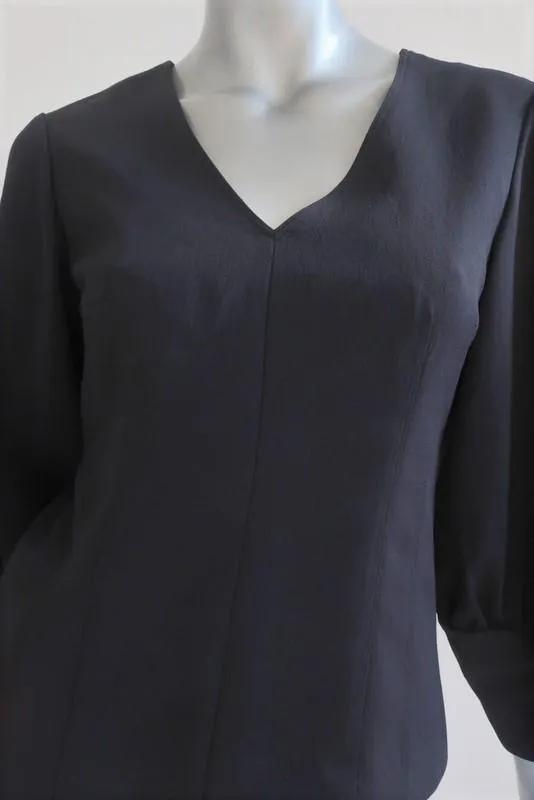 Tibi Corset V-Neck Top Black Crepe Size 2 Zip-Back Balloon Sleeve Blouse