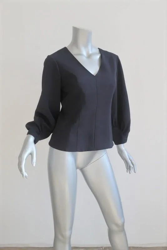 Tibi Corset V-Neck Top Black Crepe Size 2 Zip-Back Balloon Sleeve Blouse