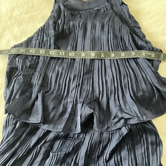 Tier and Far Navy Blue Tiered Pleated Halter Midi Dress