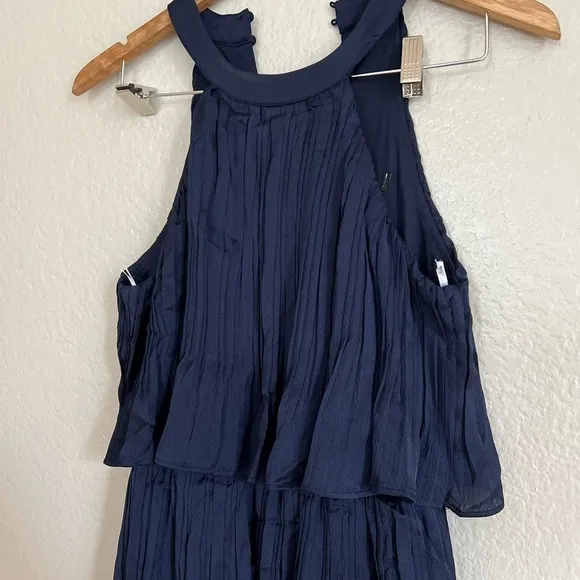 Tier and Far Navy Blue Tiered Pleated Halter Midi Dress