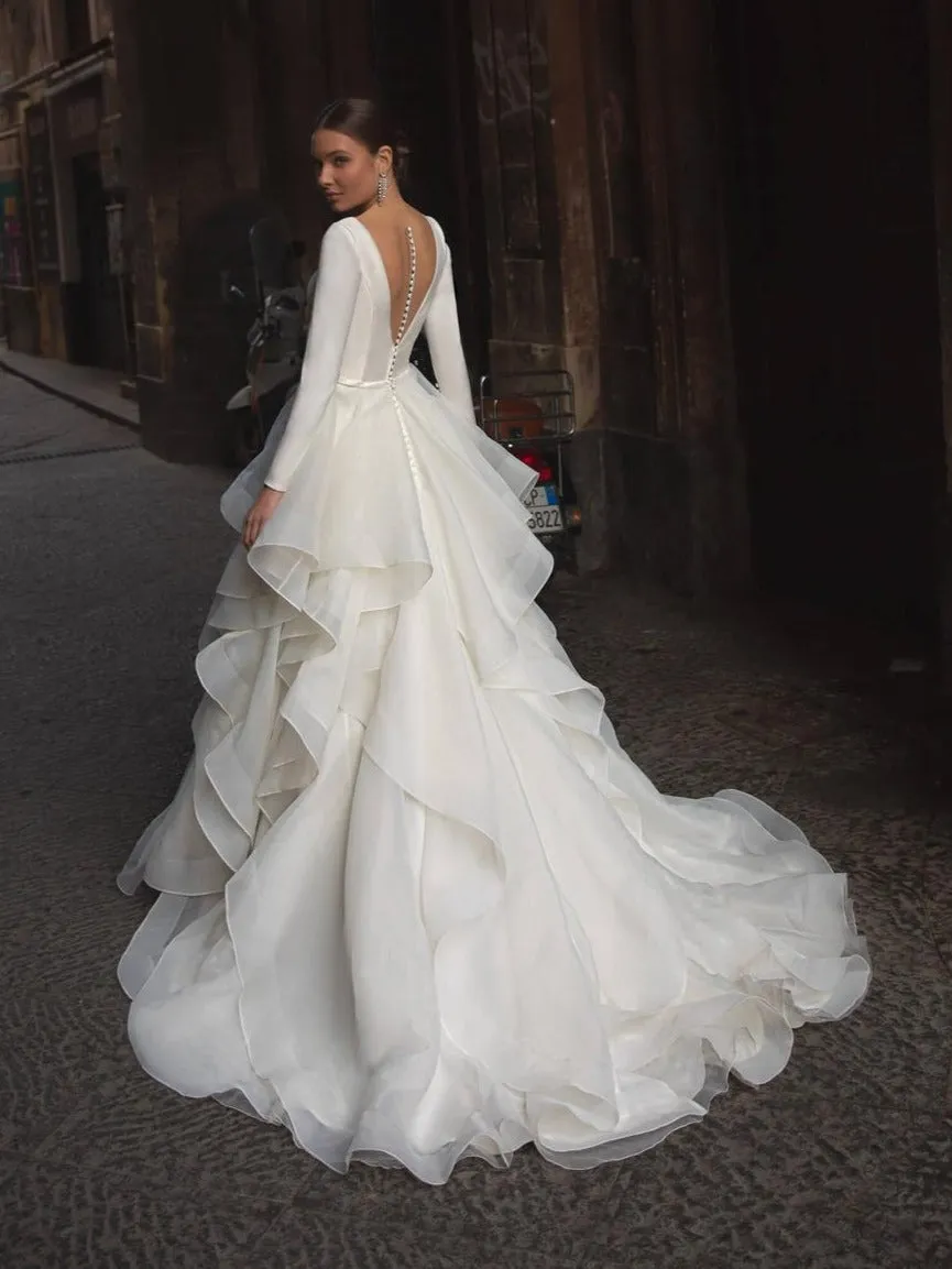 Tiered Skirt Sexy Back Long Sleeve Wedding Dress