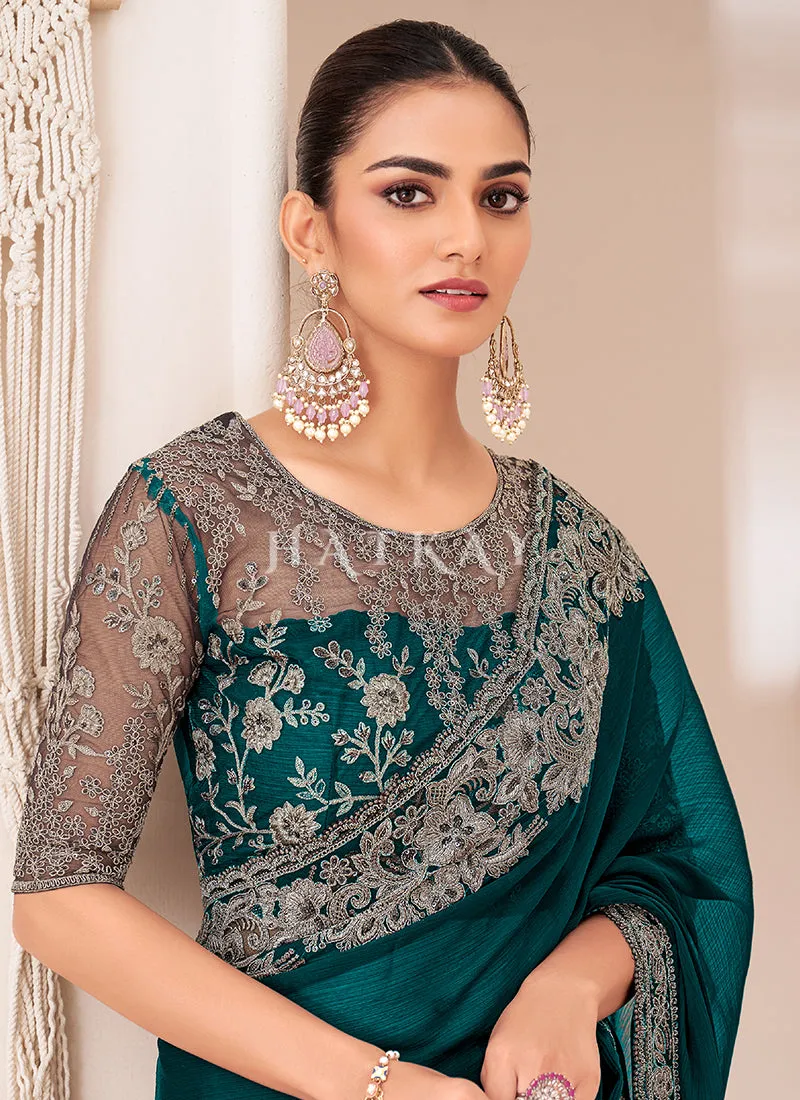 Turquoise Embroidery Georgette Saree