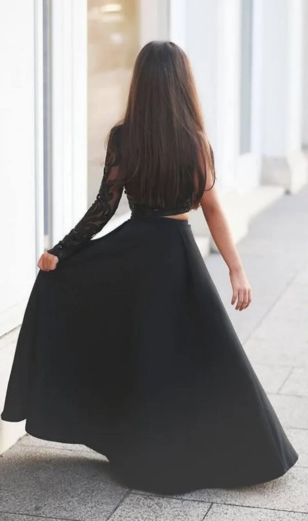 Two Piece Single Sleeve Black Prom Dress