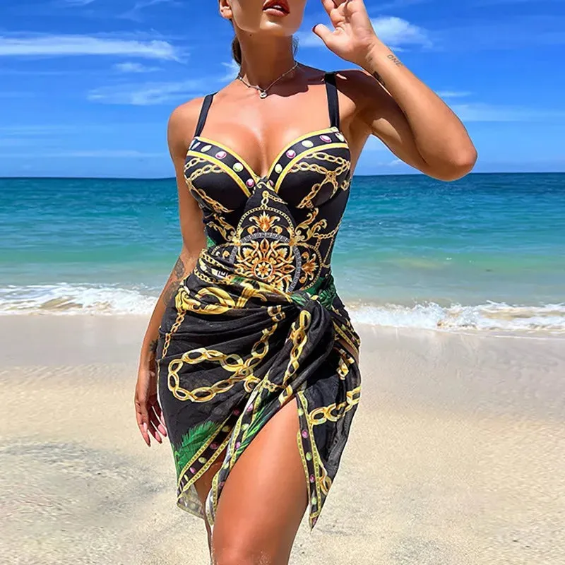 Two Piece Women's Swimsuit Set Push Up Floral Print Bandage Swimwear Bathing Suit & Wrap