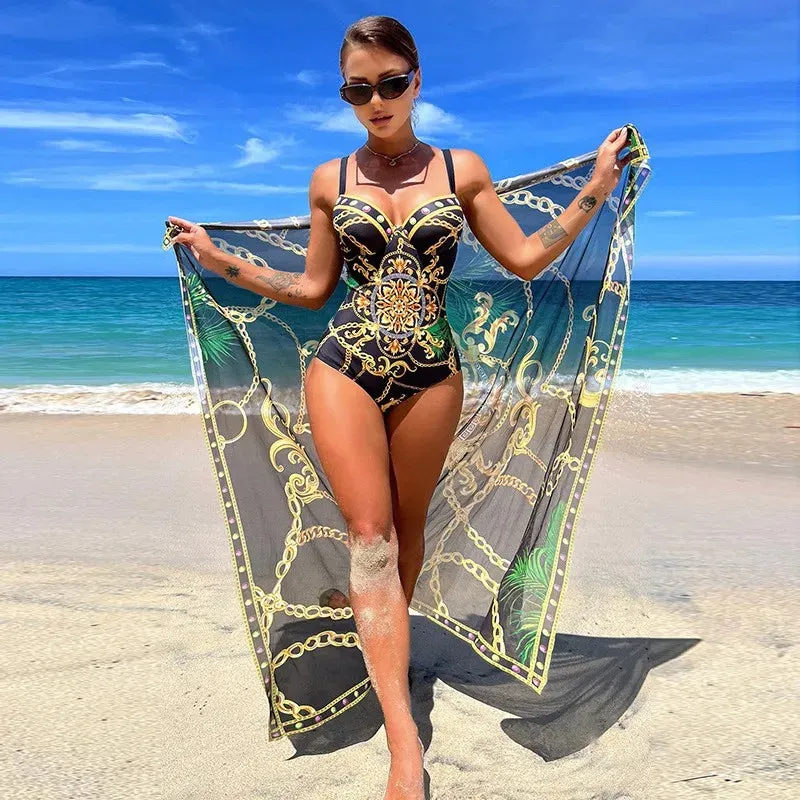 Two Piece Women's Swimsuit Set Push Up Floral Print Bandage Swimwear Bathing Suit & Wrap