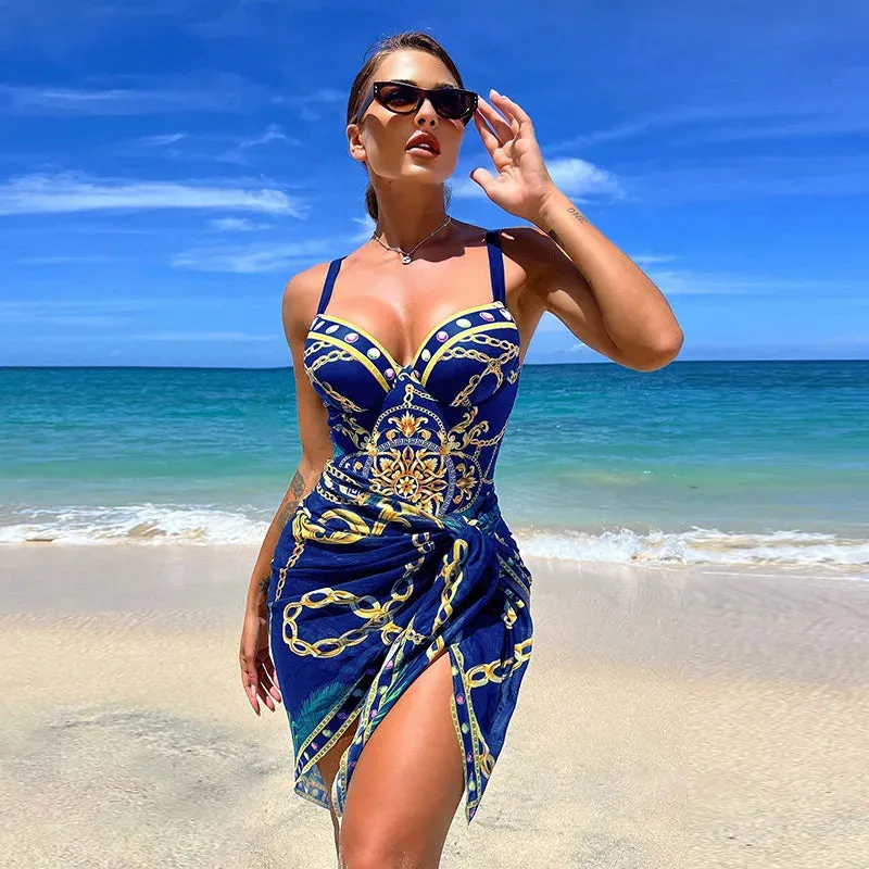 Two Piece Women's Swimsuit Set Push Up Floral Print Bandage Swimwear Bathing Suit & Wrap