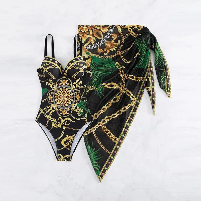 Two Piece Women's Swimsuit Set Push Up Floral Print Bandage Swimwear Bathing Suit & Wrap