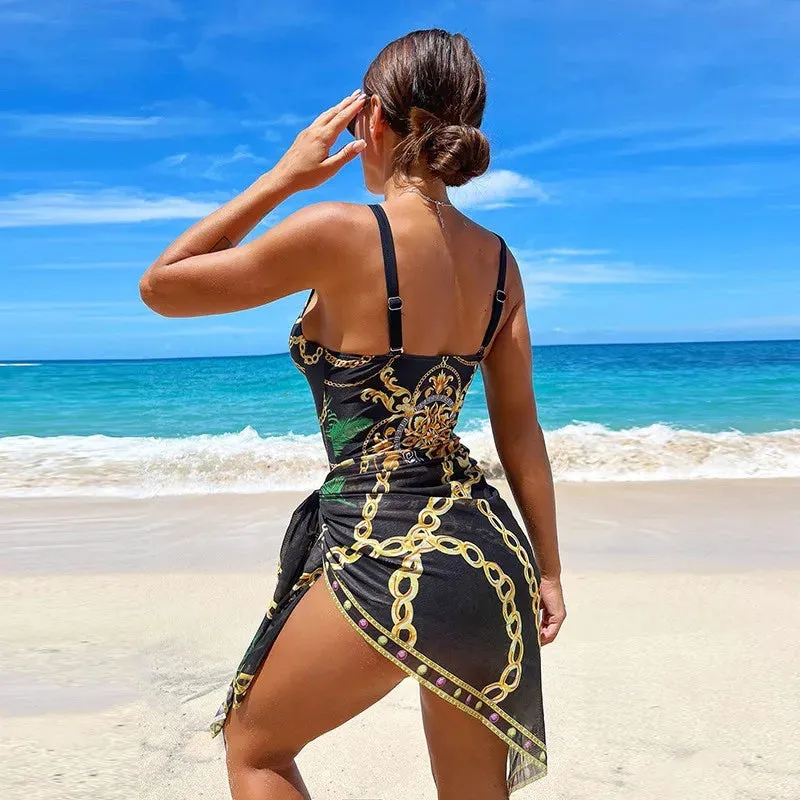 Two Piece Women's Swimsuit Set Push Up Floral Print Bandage Swimwear Bathing Suit & Wrap