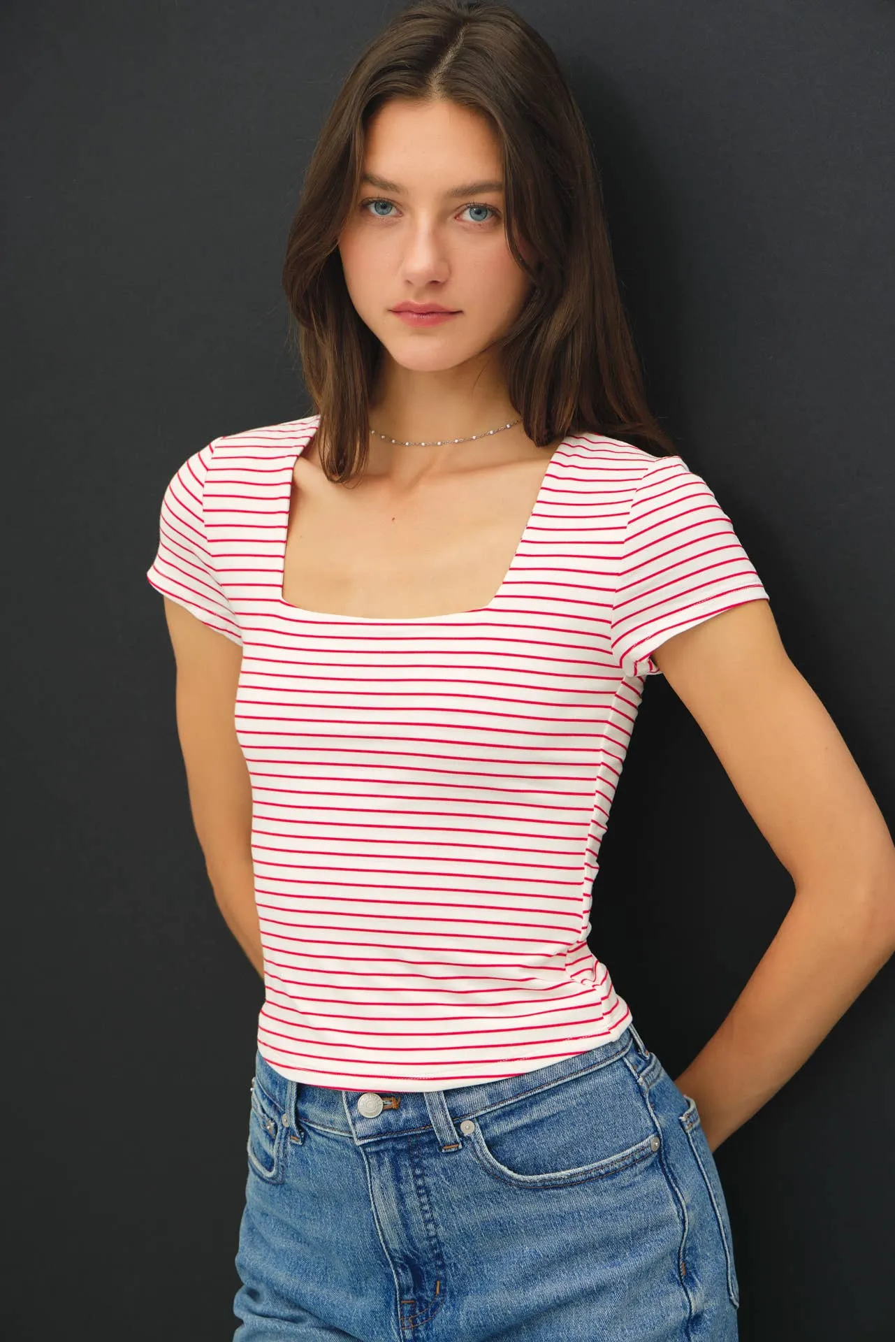 ULTRA SOFT DOUBLE LINED STRIPED SQUARE NECK TOP