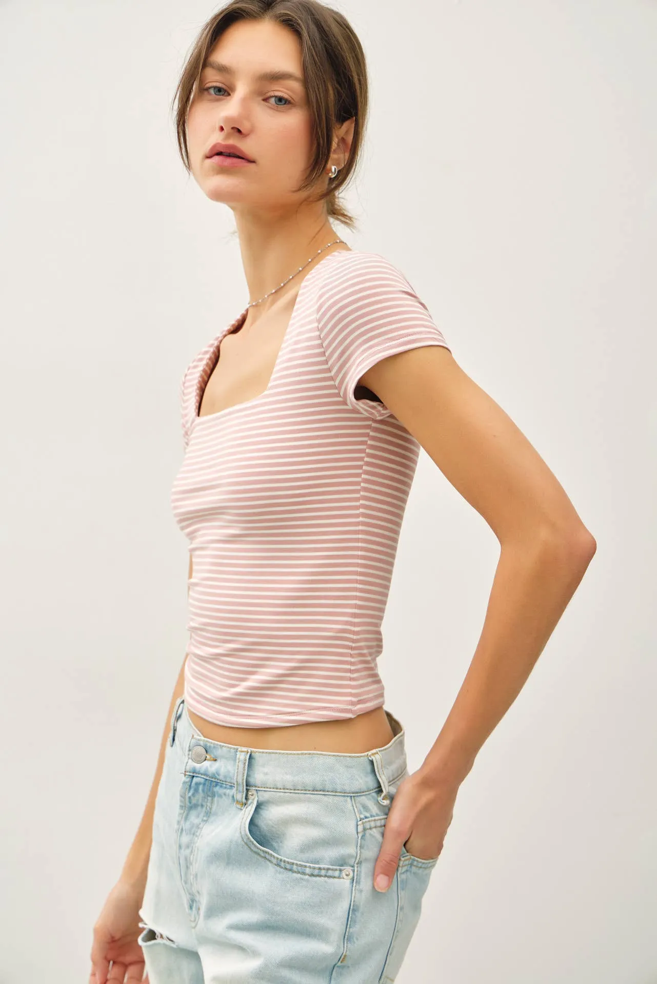 ULTRA SOFT DOUBLE LINED STRIPED SQUARE NECK TOP