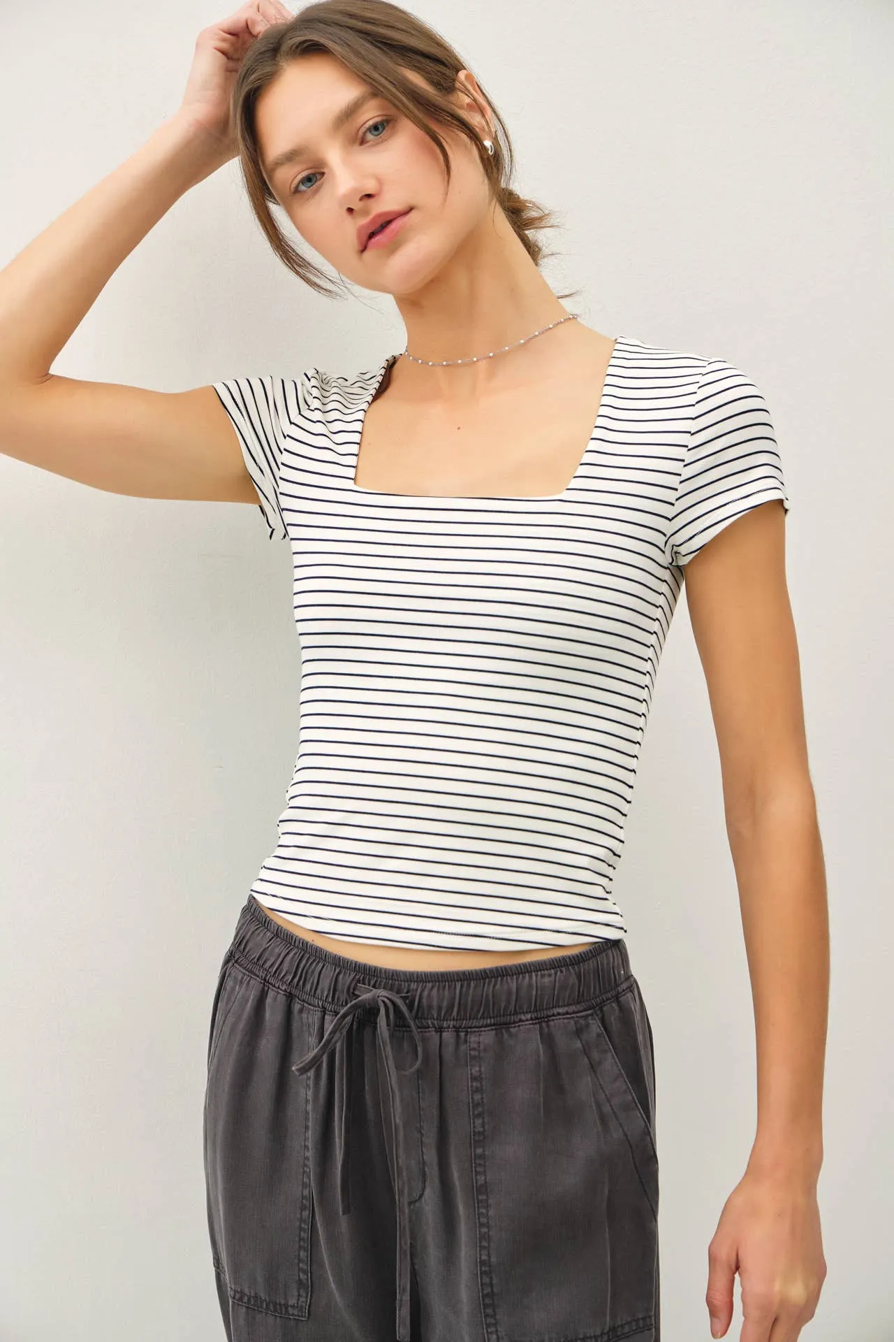 ULTRA SOFT DOUBLE LINED STRIPED SQUARE NECK TOP