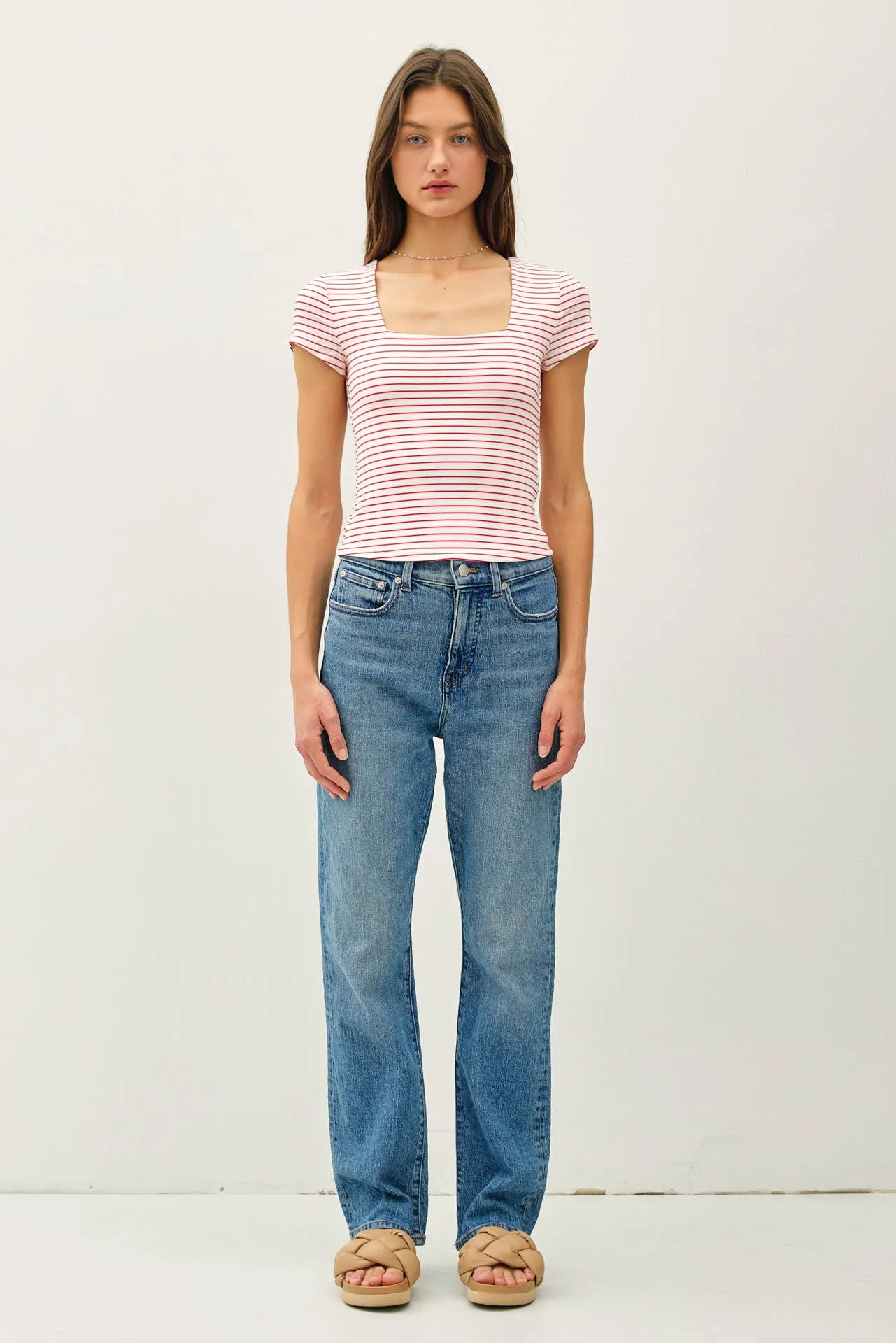 ULTRA SOFT DOUBLE LINED STRIPED SQUARE NECK TOP