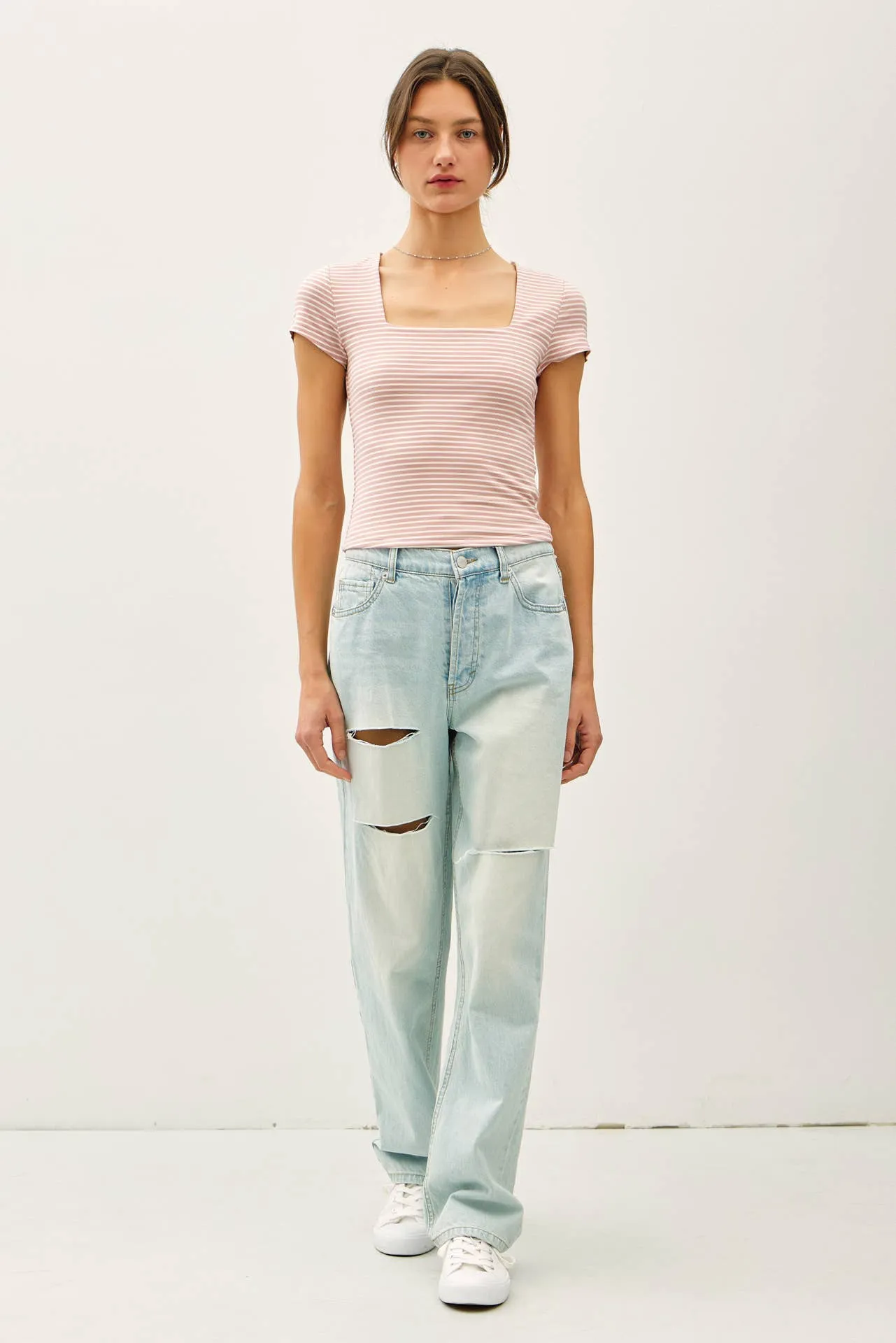 ULTRA SOFT DOUBLE LINED STRIPED SQUARE NECK TOP