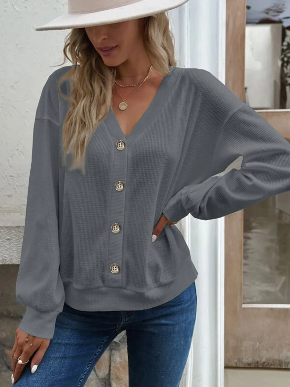 V-Neck Dropped Shoulder Blouse (6 Colors)