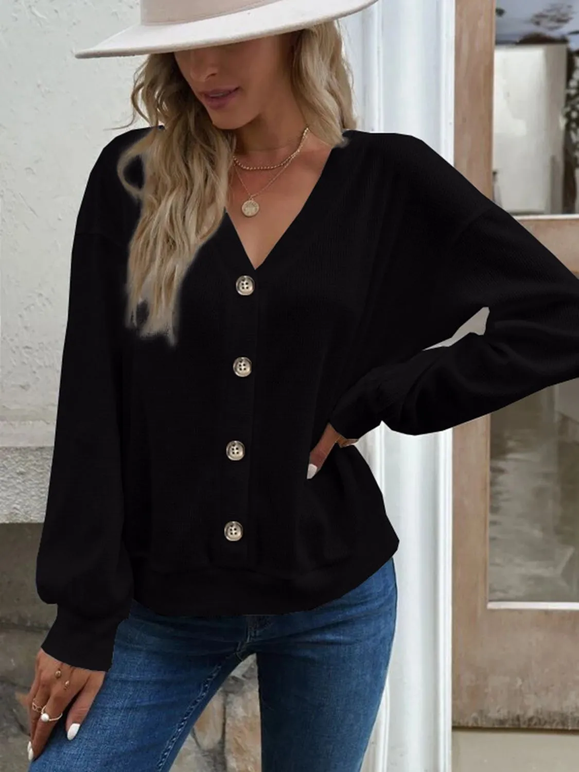 V-Neck Dropped Shoulder Blouse (6 Colors)