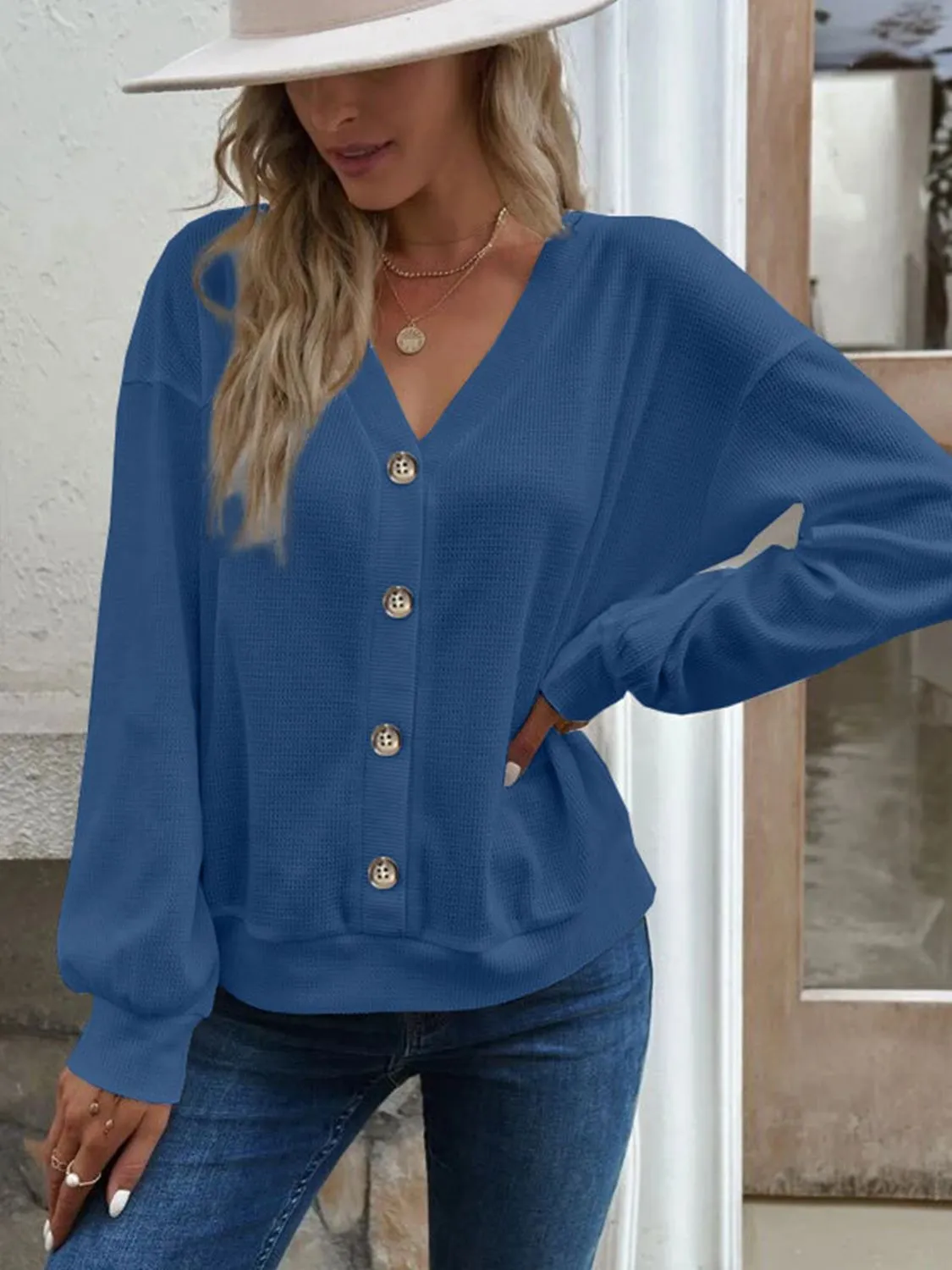 V-Neck Dropped Shoulder Blouse (6 Colors)