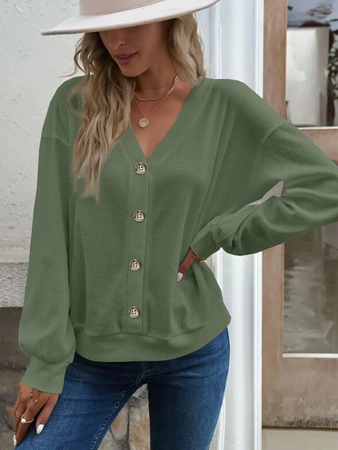 V-Neck Dropped Shoulder Blouse (6 Colors)