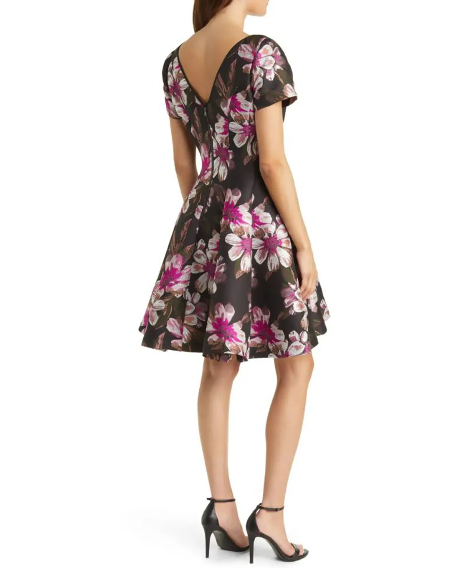 V-Neck Floral Jacquard Fit & Flare Dress
