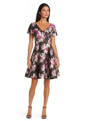 V-Neck Floral Jacquard Fit & Flare Dress