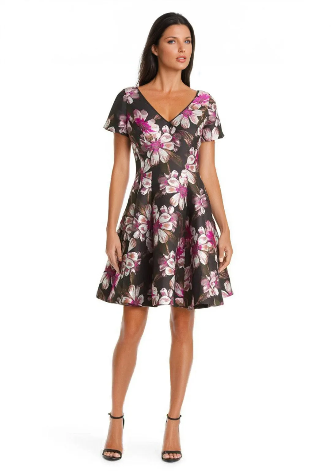 V-Neck Floral Jacquard Fit & Flare Dress