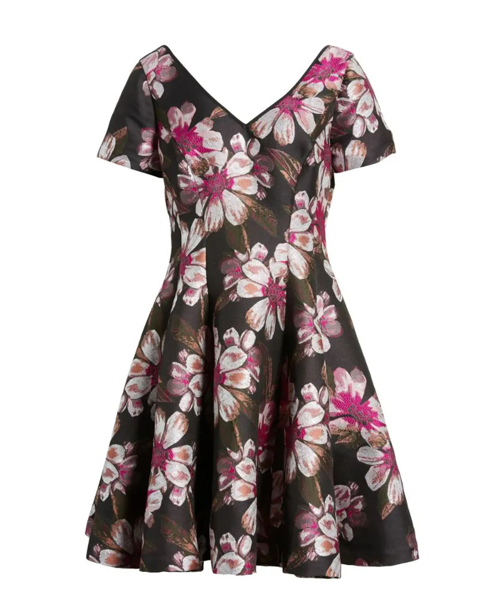 V-Neck Floral Jacquard Fit & Flare Dress