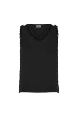 V-NECK FRINGED TOP BLACK
