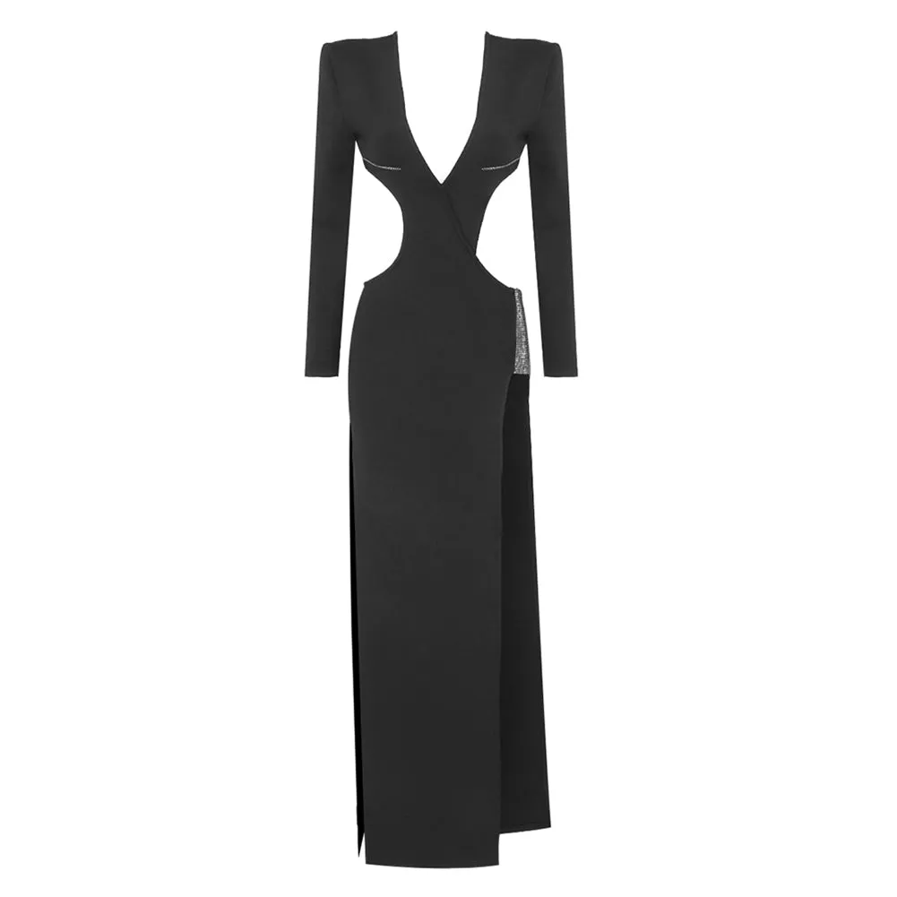 V Neck Hollow Out Maxi Bodycon Dress BD2445