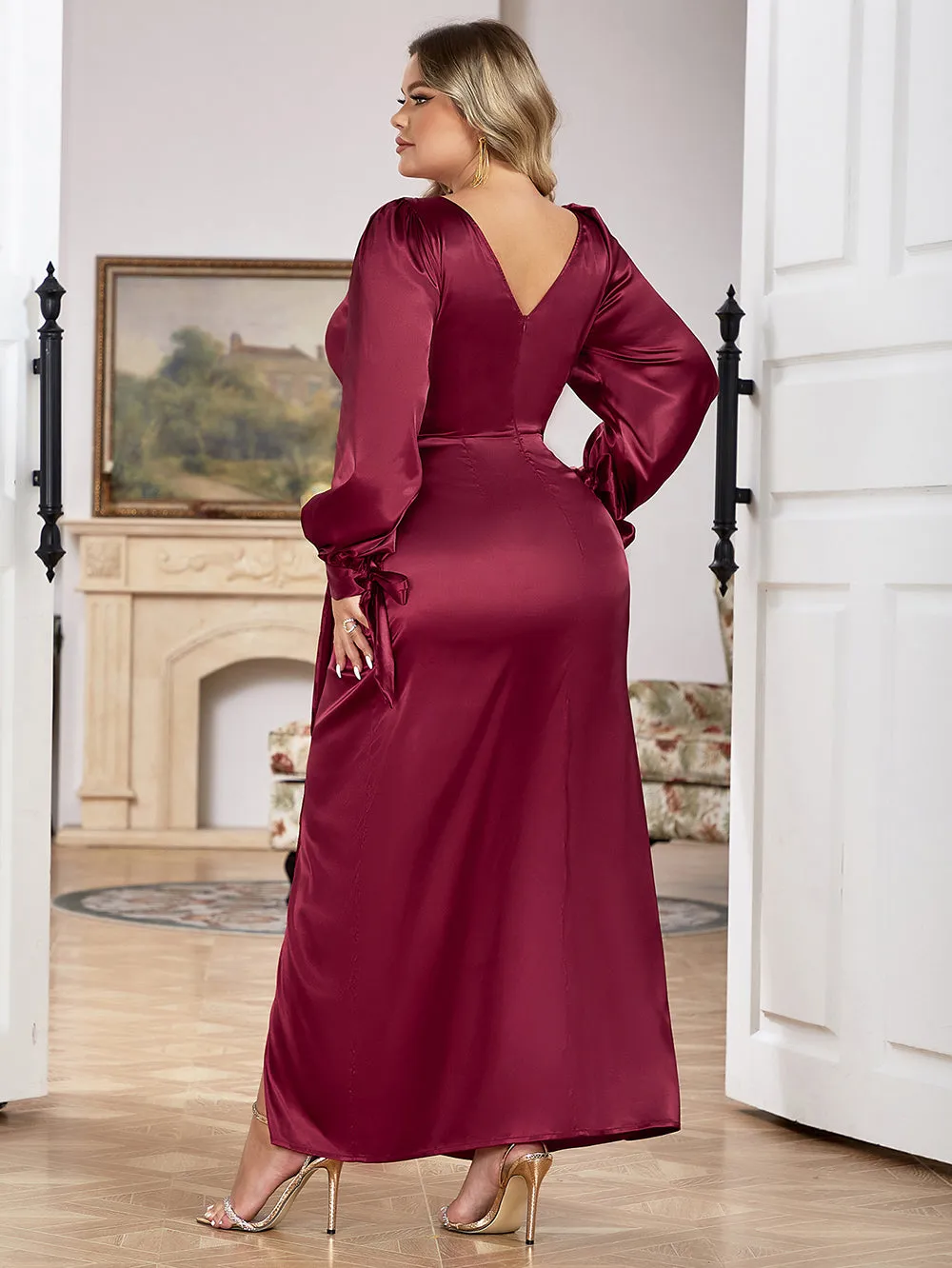 V Neck Long Sleeve Rugose Maxi Bodycon Dress HB00301