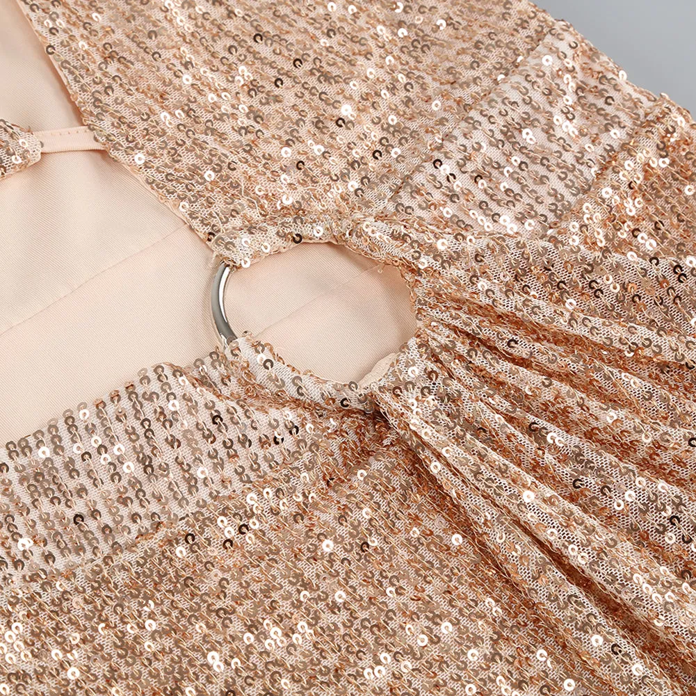 V Neck Long Sleeve Sequins Mini Dress KLYF871