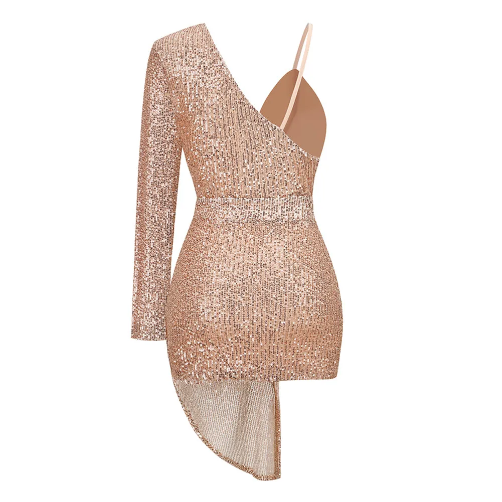V Neck Long Sleeve Sequins Mini Dress KLYF871