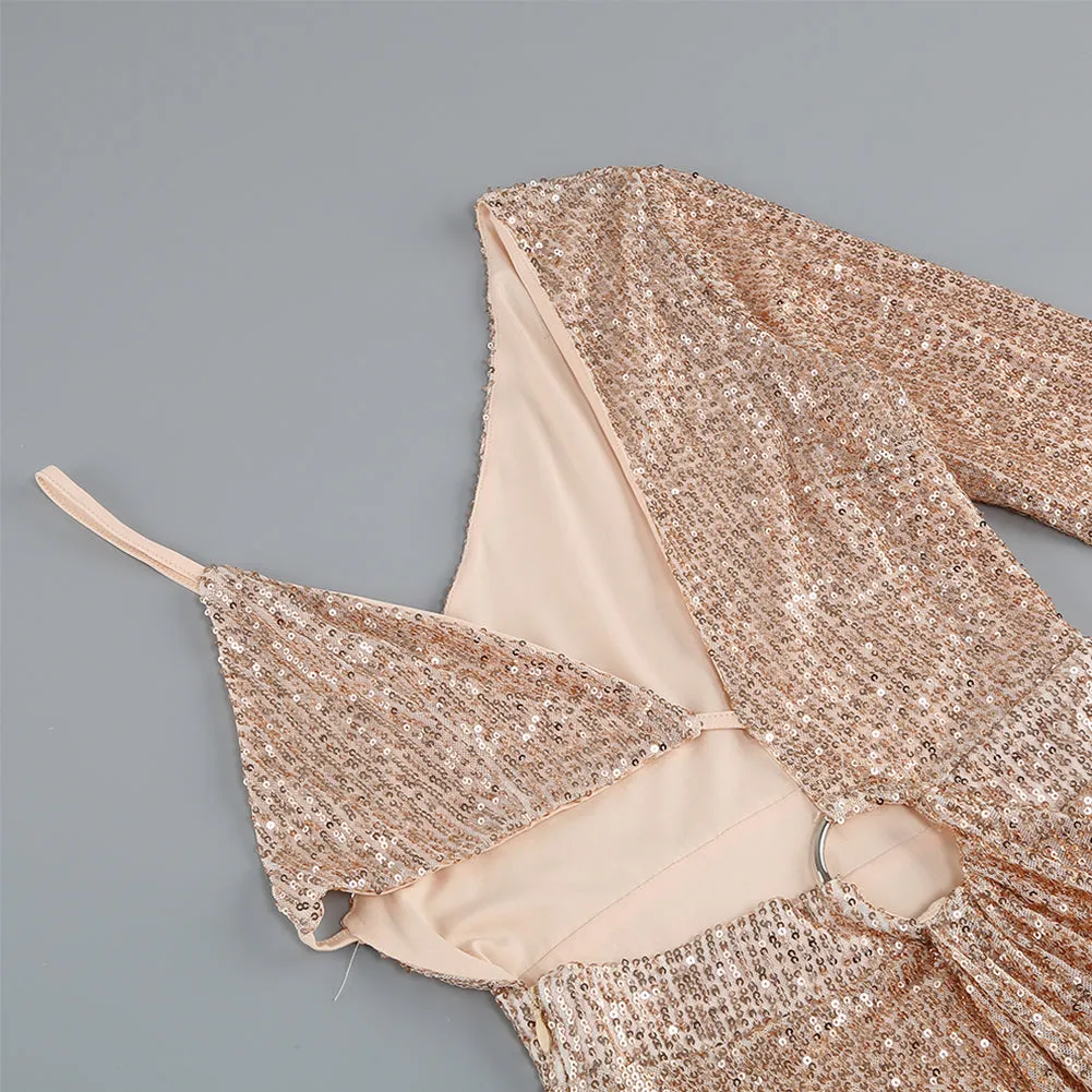 V Neck Long Sleeve Sequins Mini Dress KLYF871