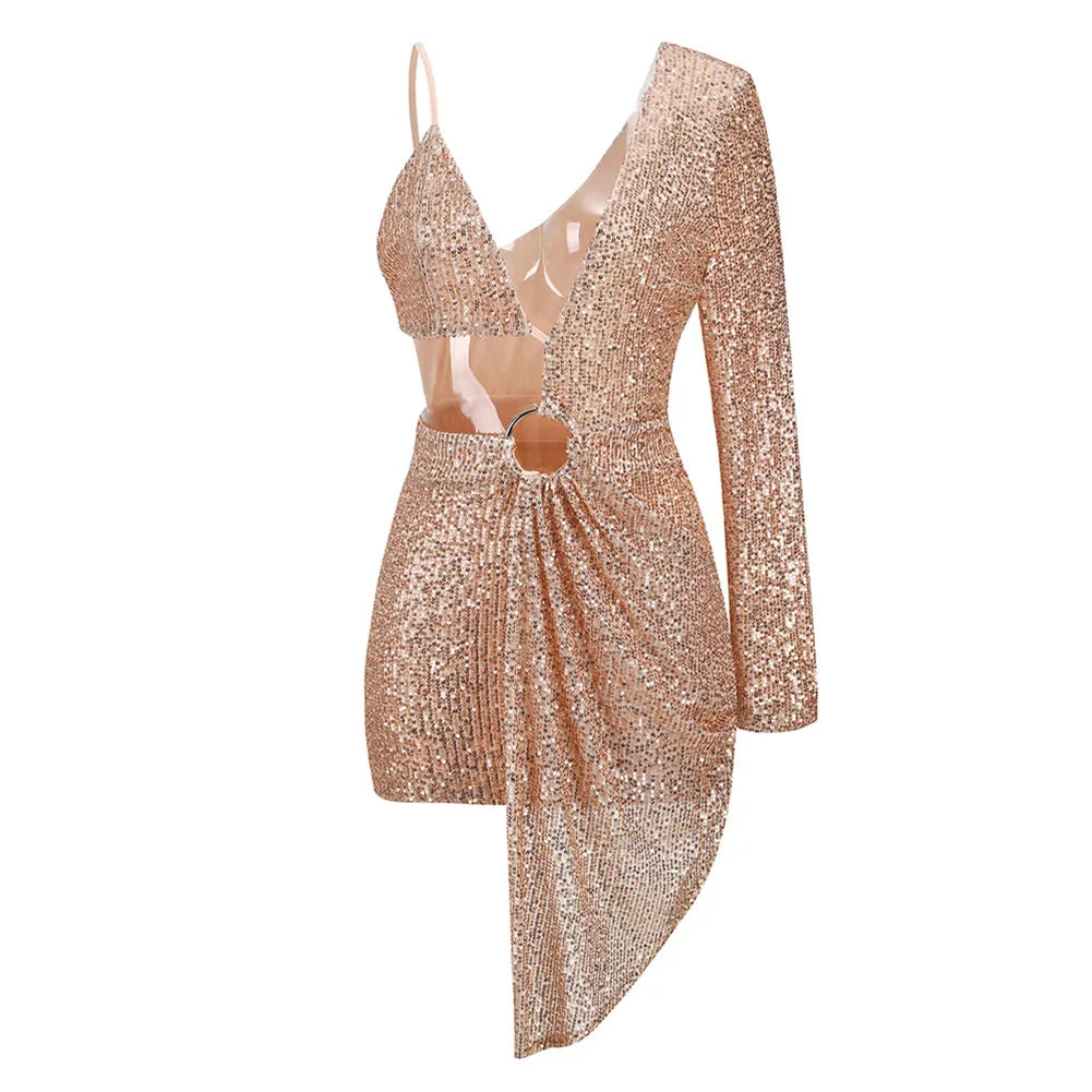 V Neck Long Sleeve Sequins Mini Dress KLYF871