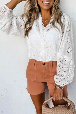 V-Neck Openwork Long Sleeve Blouse