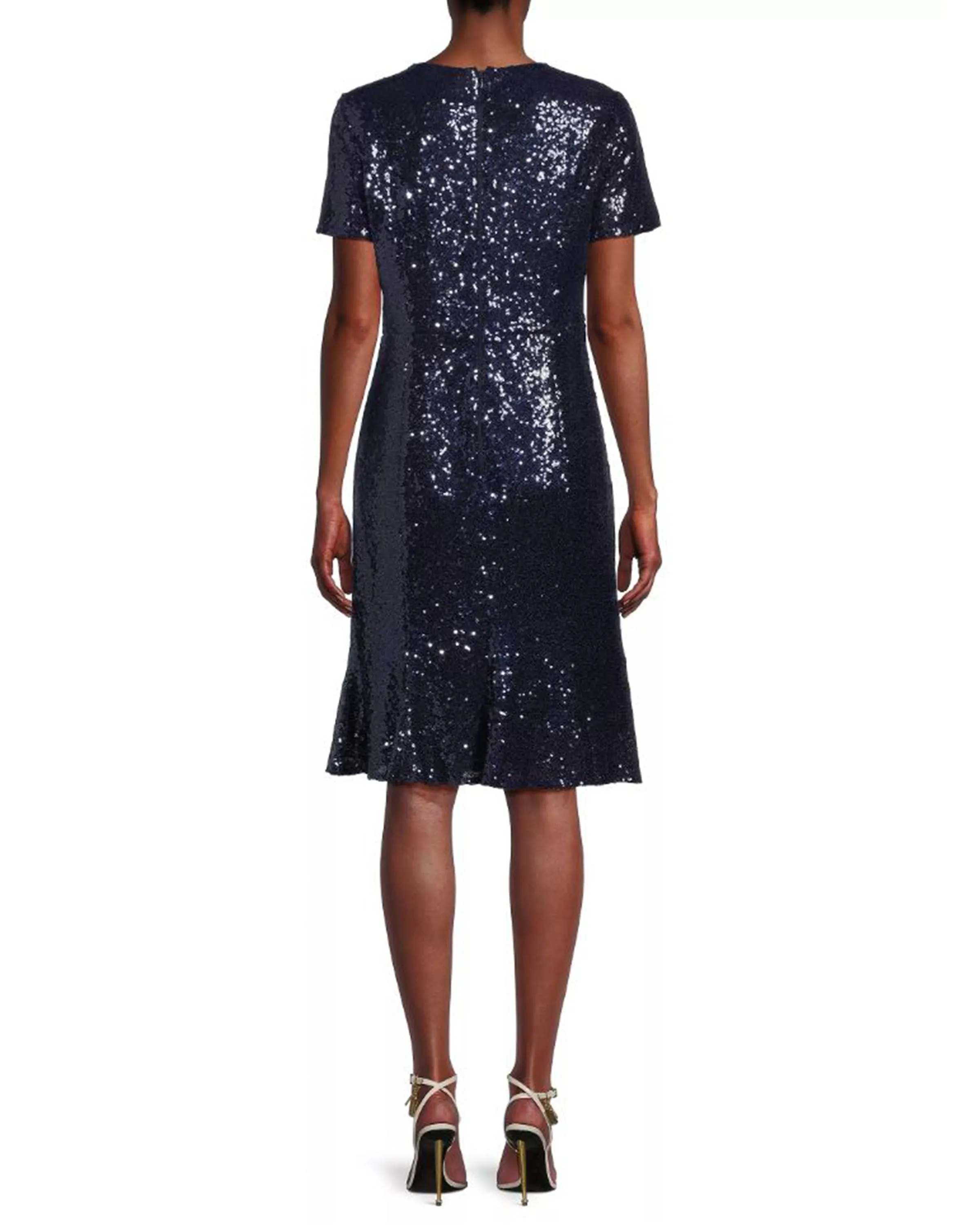 V-Neck Sequin Fit and Flare Dress in Navy