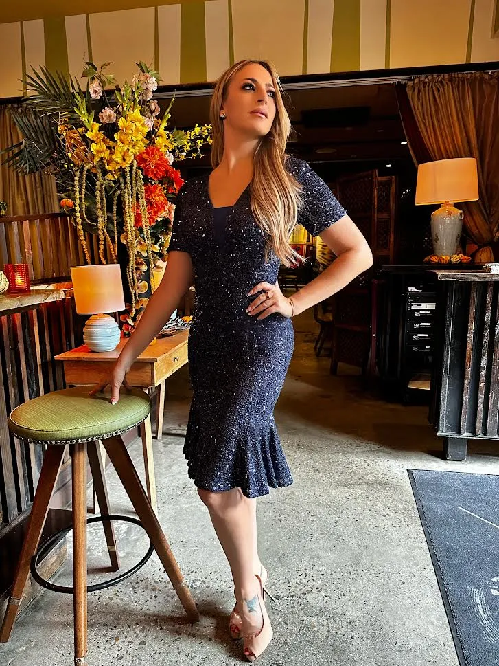 V-Neck Sequin Fit and Flare Dress in Navy