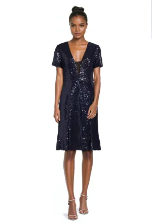 V-Neck Sequin Fit and Flare Dress in Navy