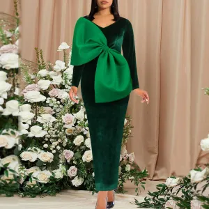Velvet Long Sleeve Bowknot Decoration Maxi Dress